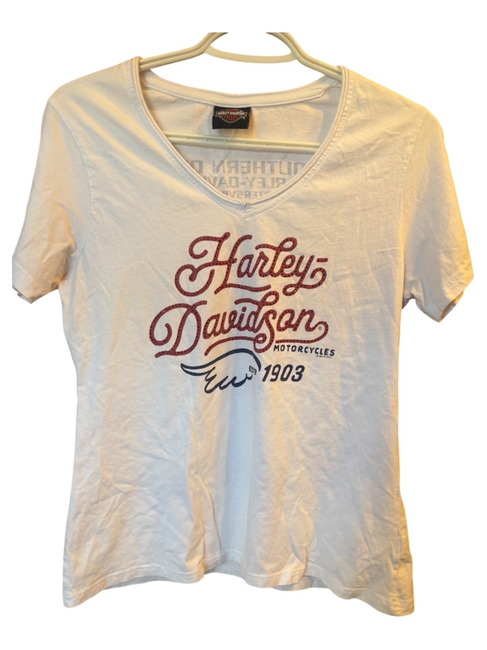 Harley-Davidson White V-Neck Tee with Red Script & Navy Wing Graphic